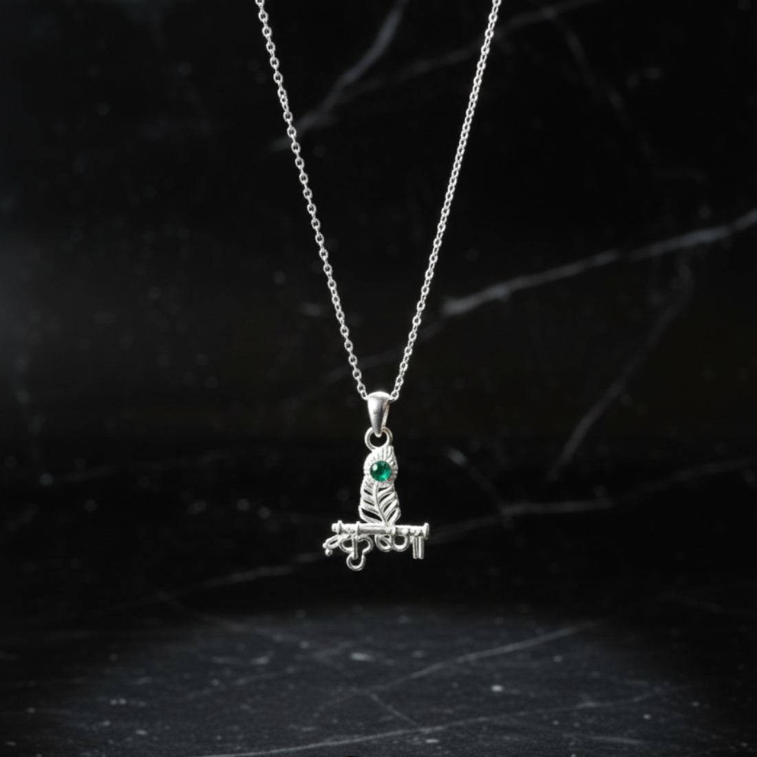 Sterling Silver Krishna Flute and Peacock Feather Pendant