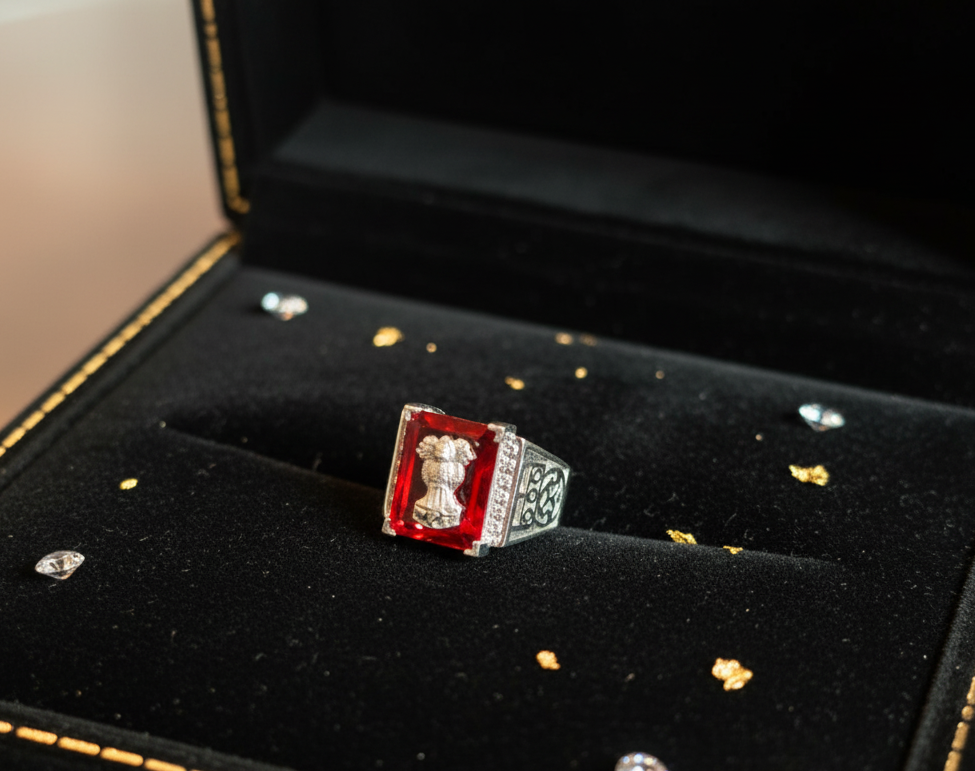 Ornate Silver and Red Gemstone Ring with India's National Emblem
