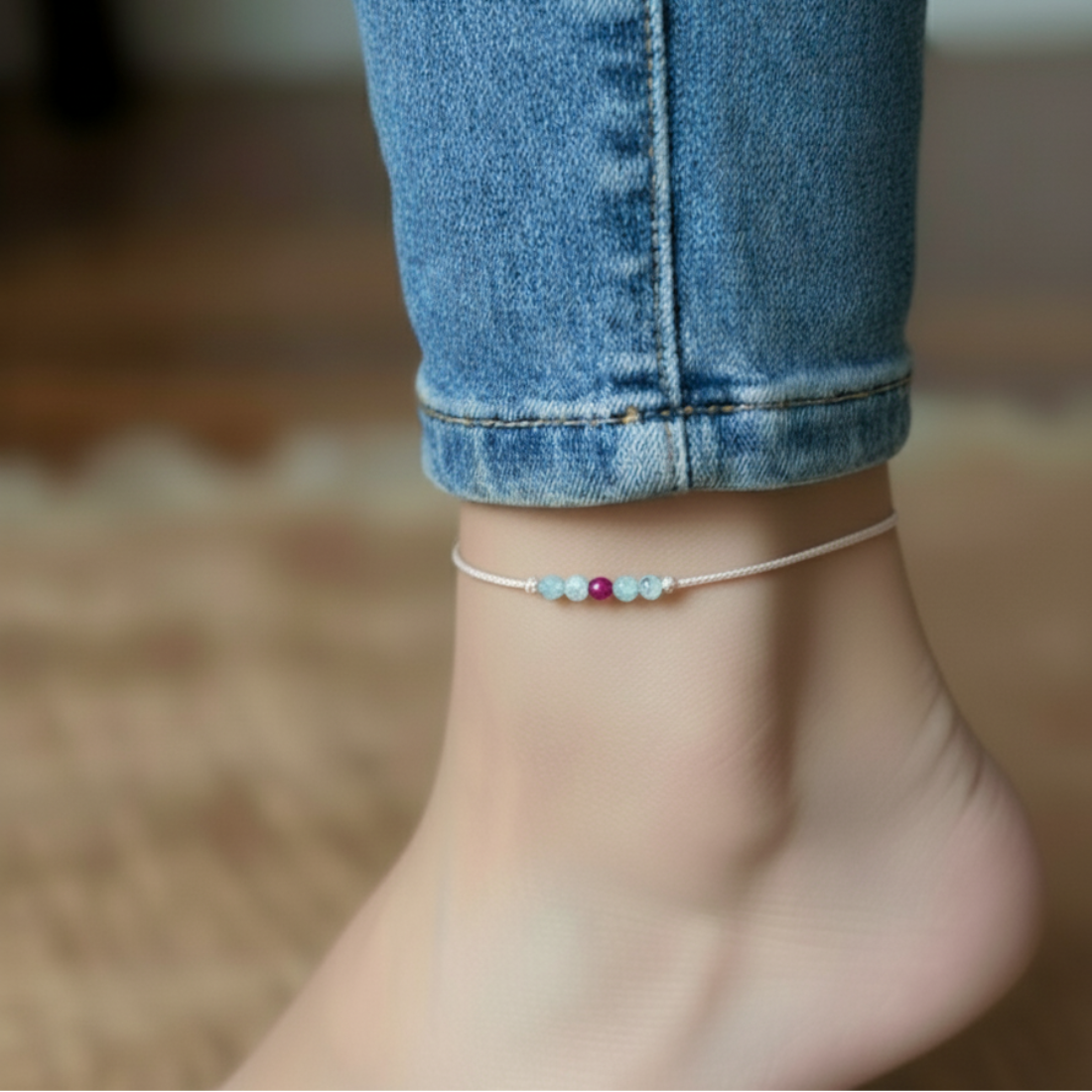 Delicate Beaded Cord Anklet with Magenta and Aquamarine Stones.