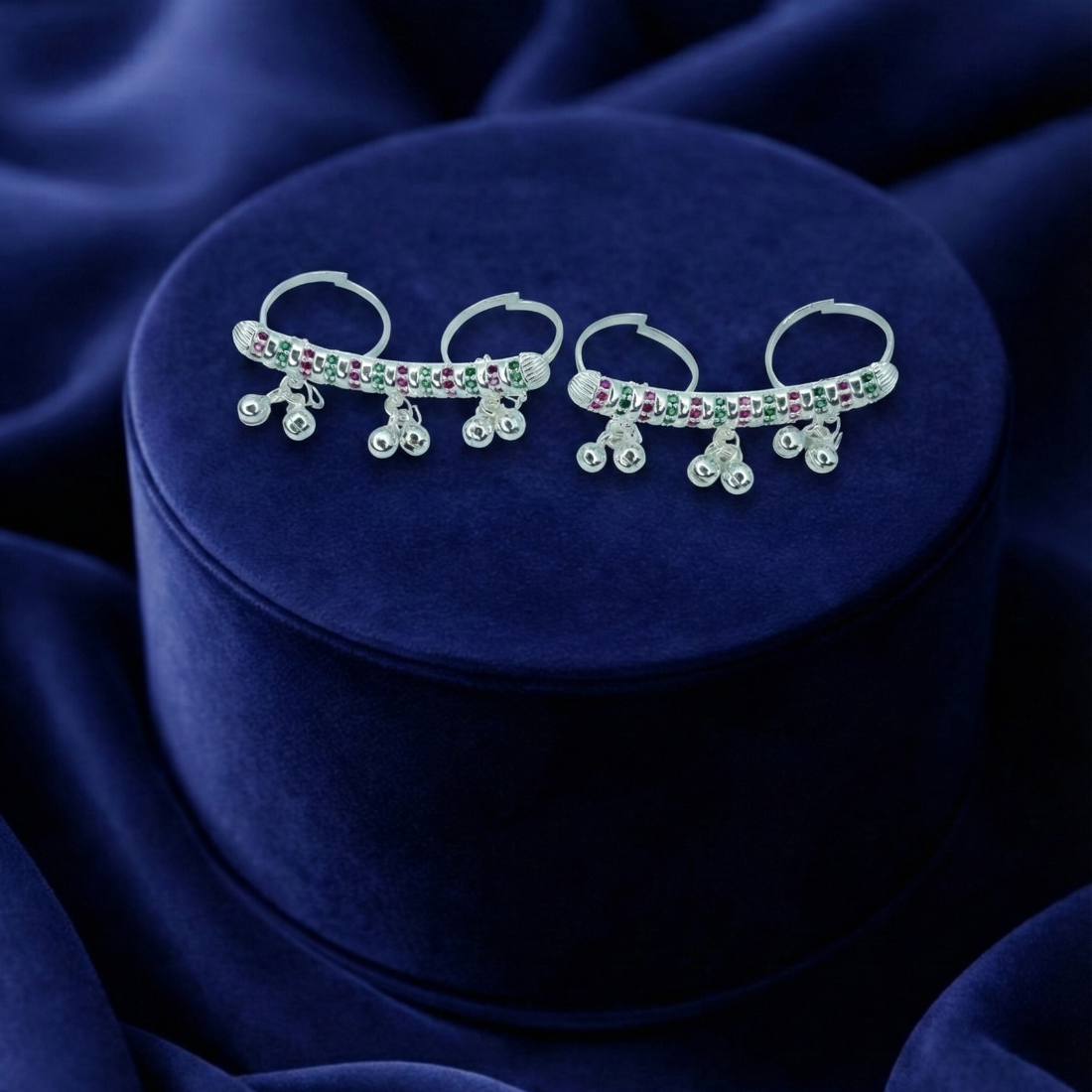 Silver Multicolor Stone Ghungroo Toe Ring