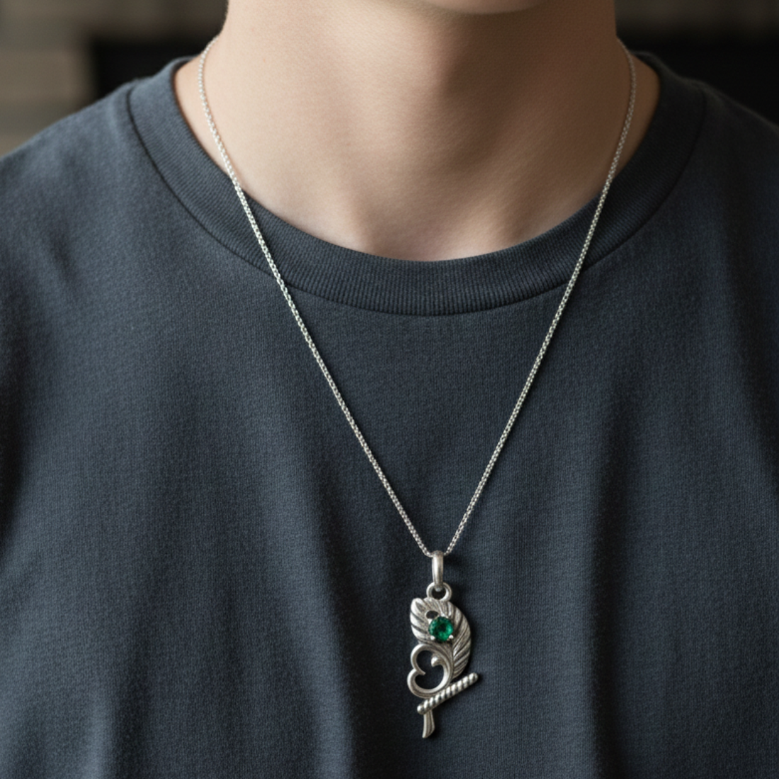 Elegant Sterling Silver Stylized Leaf Pendant with Om and flute