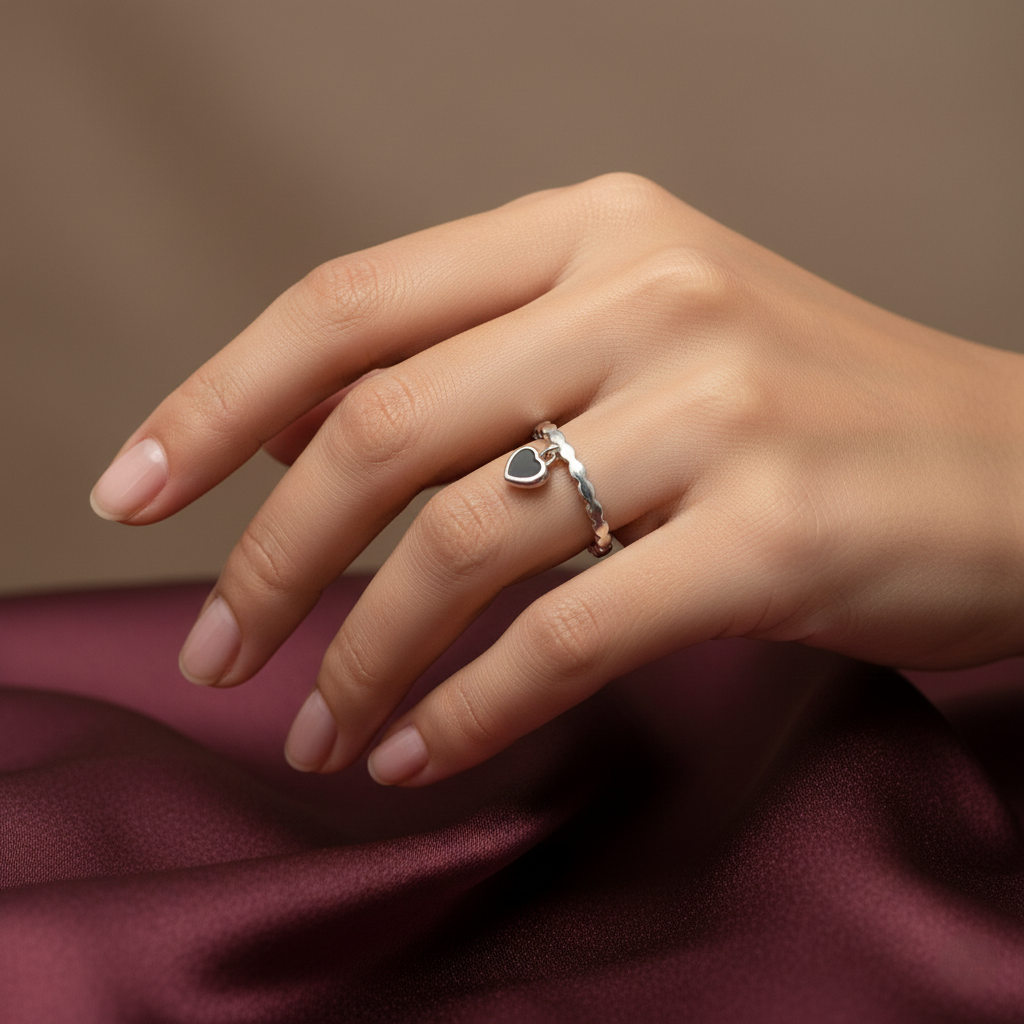 Midnight Love Silver Scalloped Band with Onyx Heart Charm