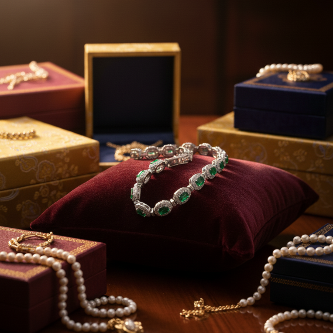 Exquisite Emerald and Diamond Halo Tennis Bracelet