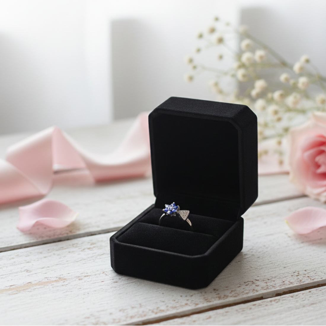 Blue Flower and Clear Triangle Accent Silver Ring.