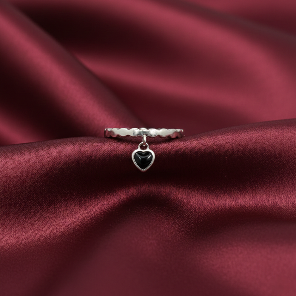 Midnight Love Silver Scalloped Band with Onyx Heart Charm