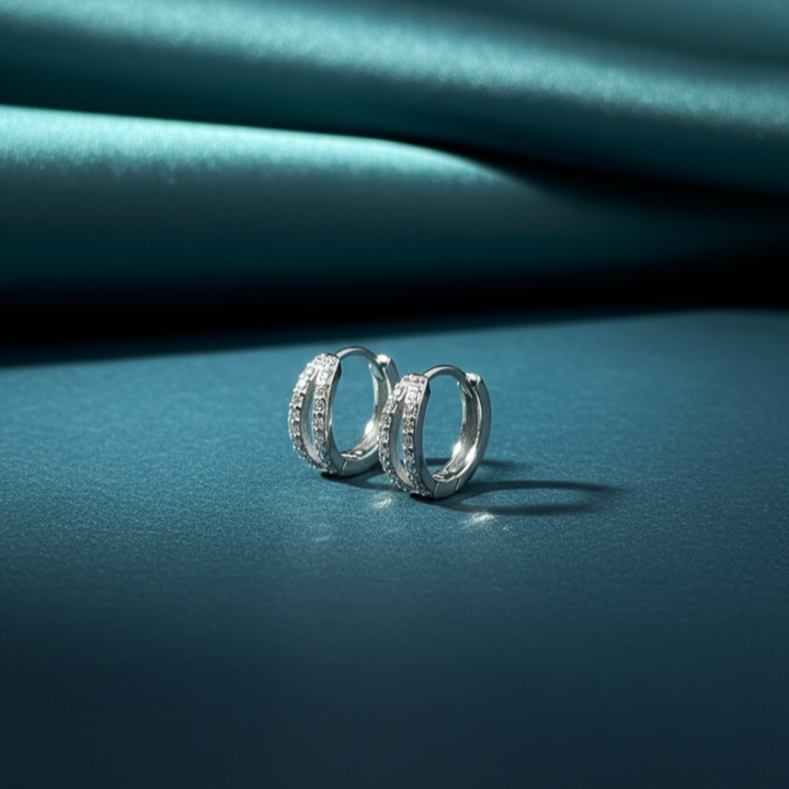 Double Row Diamond Sterling Silver Huggies