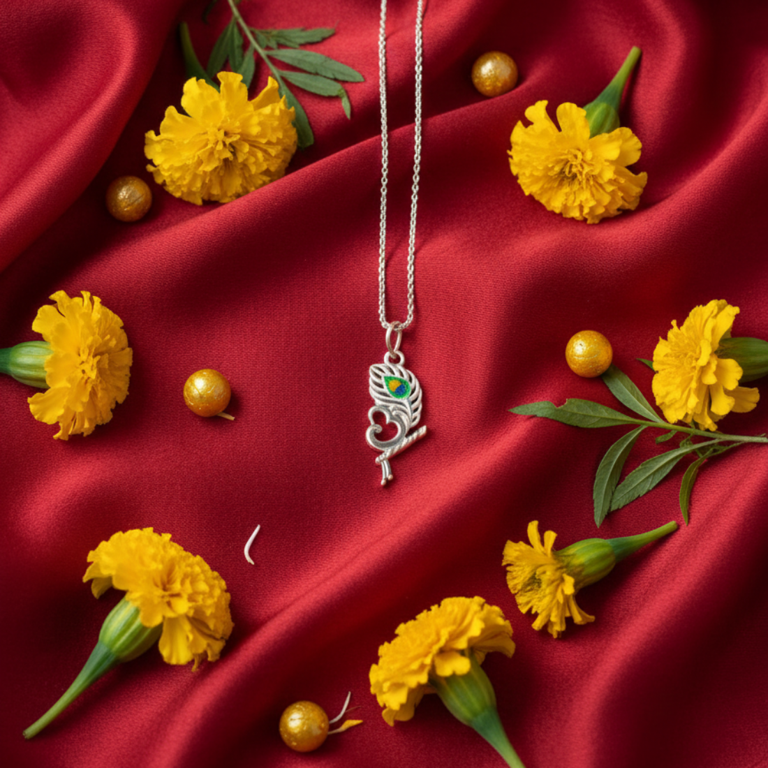 Elegant Sterling Silver Stylized Leaf Pendant with Om and flute