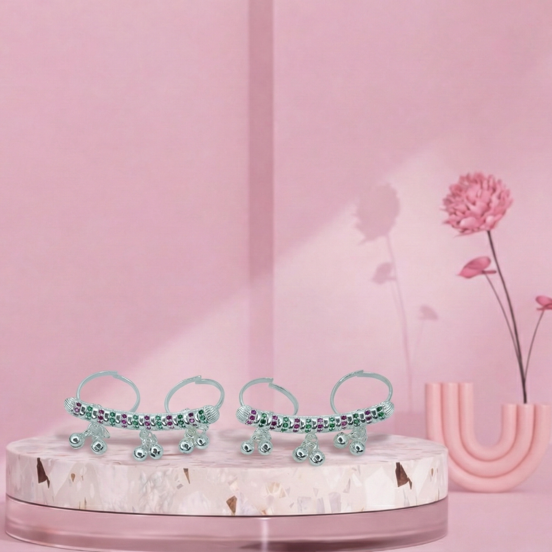 Silver Multicolor Stone Ghungroo Toe Ring