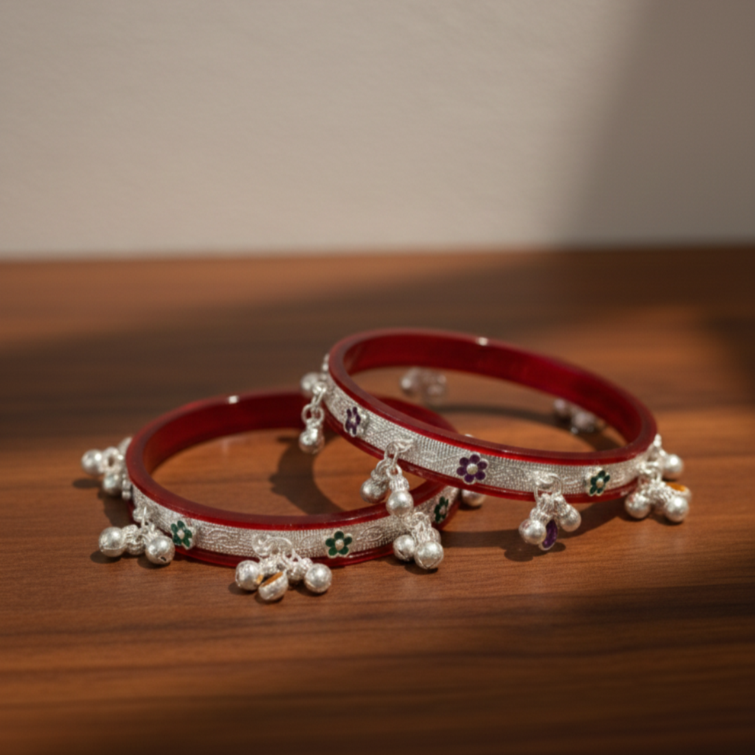 Elegant Red Lacquer Bangles with Silver Charms