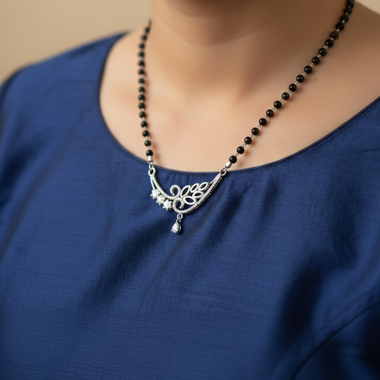 Elegant Floral Diamond Mangalsutra with Pear-Cut Drop in Sterling Silver