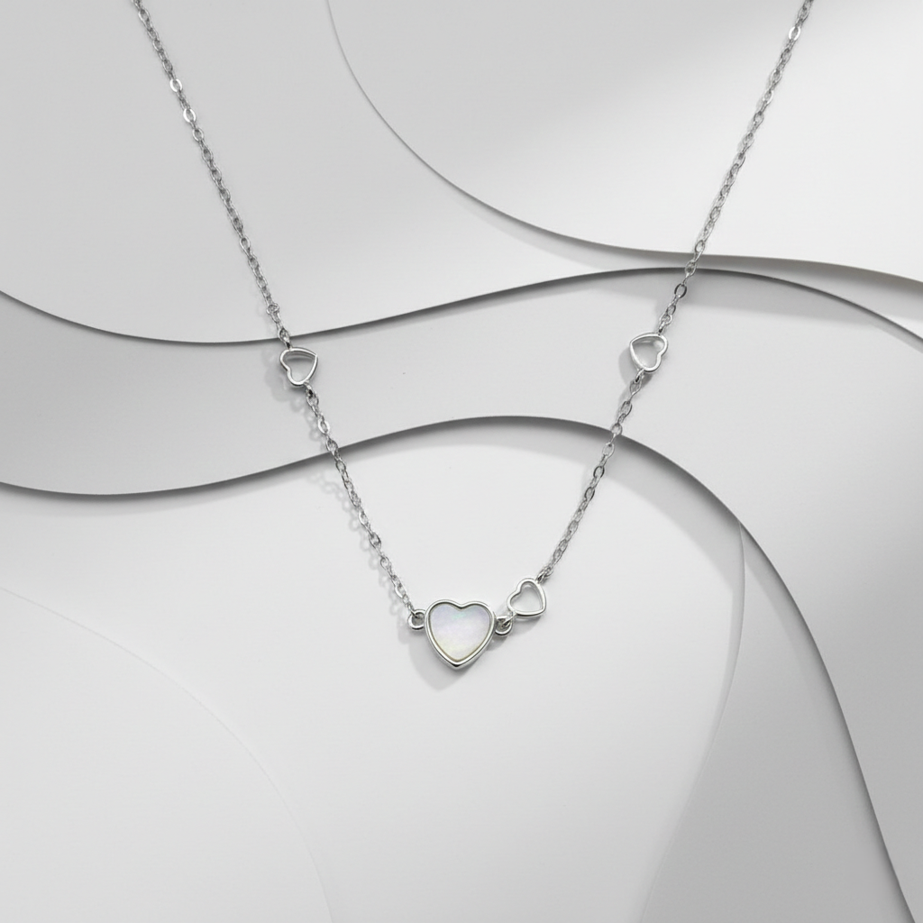 Iridescent Mother of Pearl Heart Station Necklace in Sterling Silver