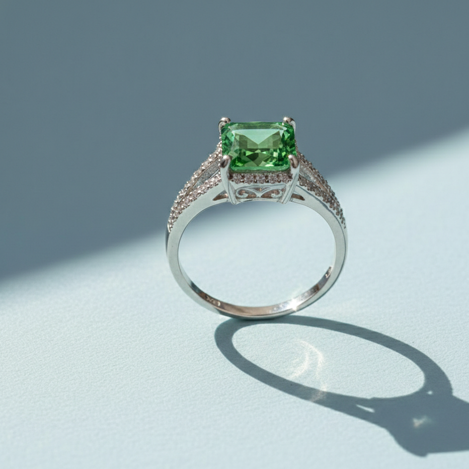 Elegant Square-Cut Peridot Green Gemstone Ring in Sterling Silver