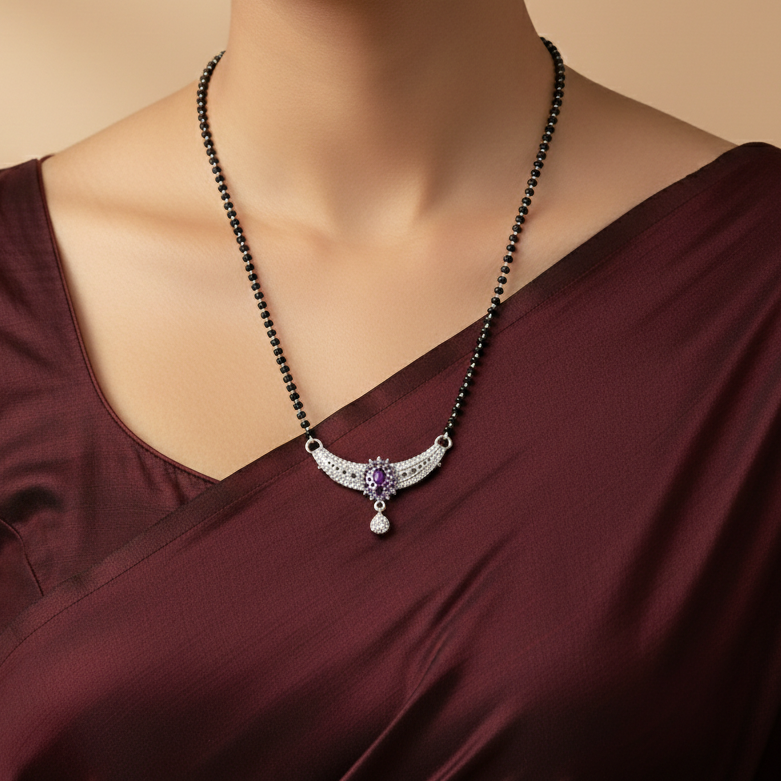 Elegant Silver Floral Mangalsutra with Purple Accents