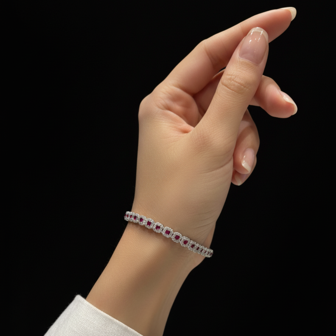 Vibrant Ruby Halo Tennis Bracelet in Sterling Silver