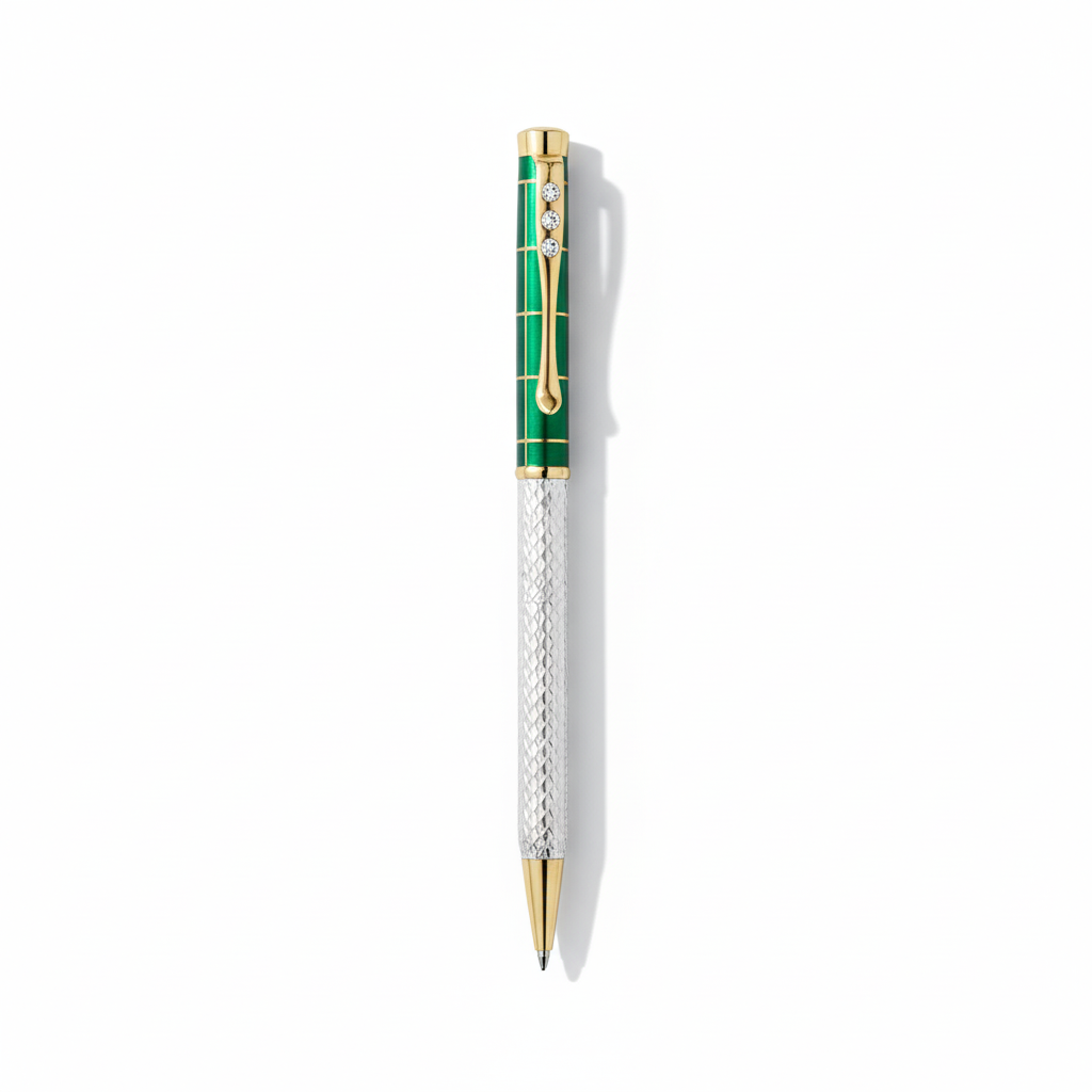 Exquisite Green & Textured Silver Dual-Tone Luxury Pen