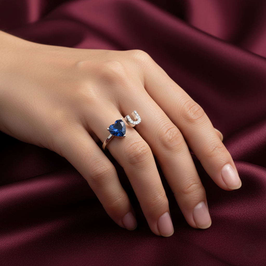 Timeless Elegance: Heart Sapphire & Diamond Horseshoe Open Ring