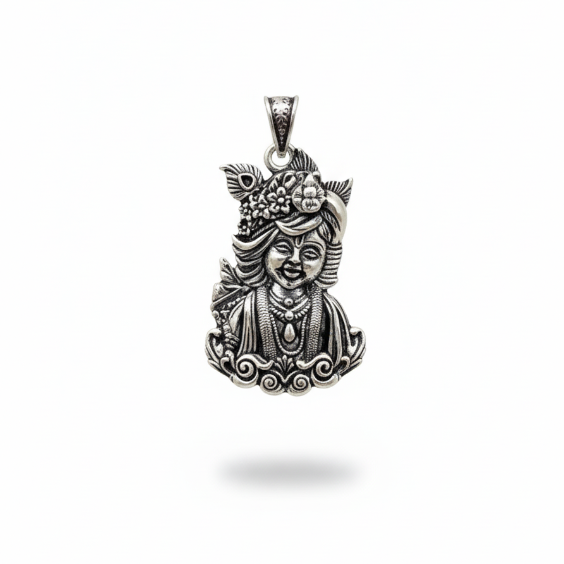 Divine Oxidized Lord Krishna Silver Pendant with Intricate Peacock Feather Design