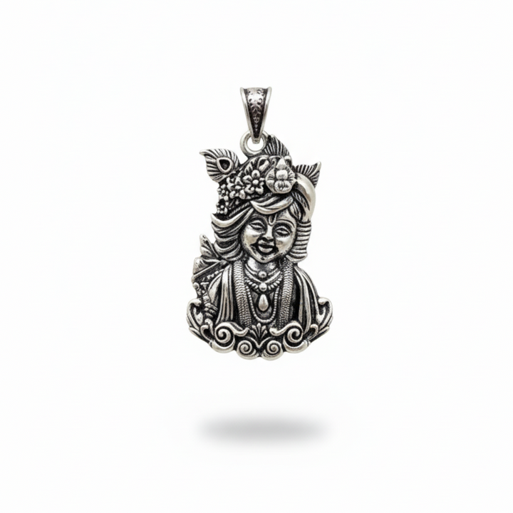 Divine Oxidized Lord Krishna Silver Pendant with Intricate Peacock Feather Design