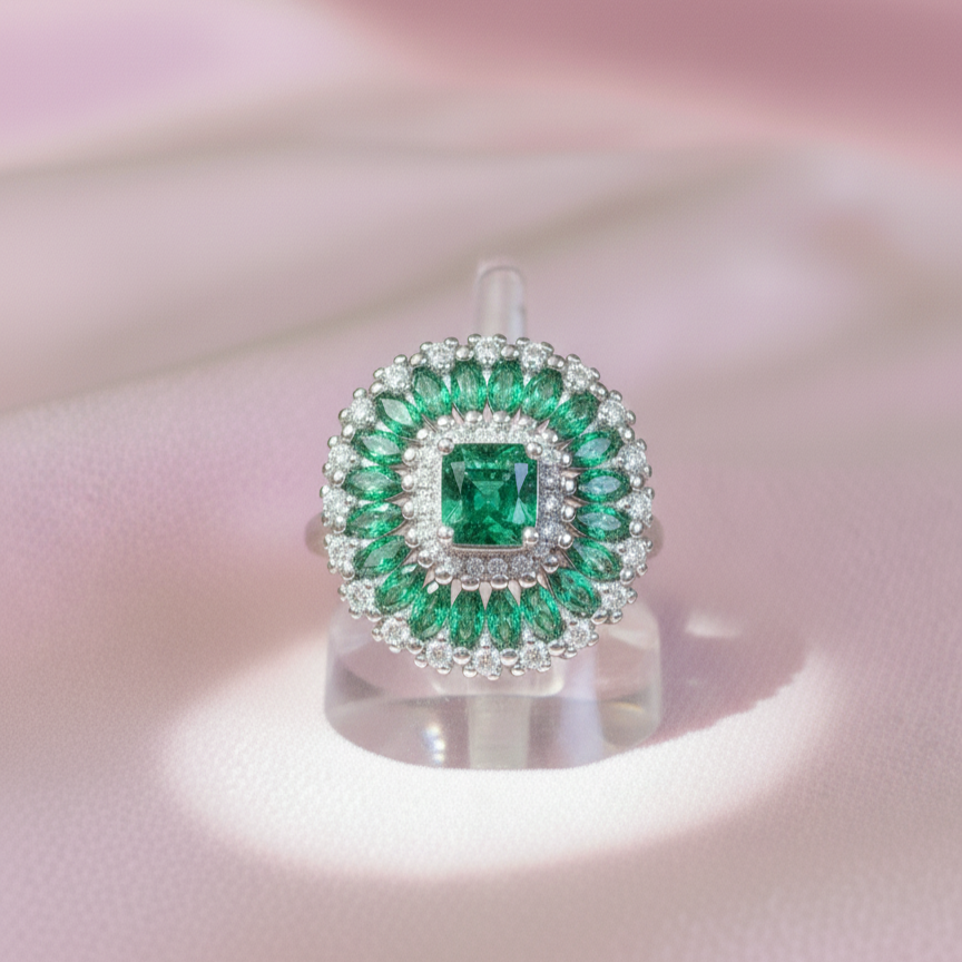 Green Emerald Bloom Diamond Cocktail Ring