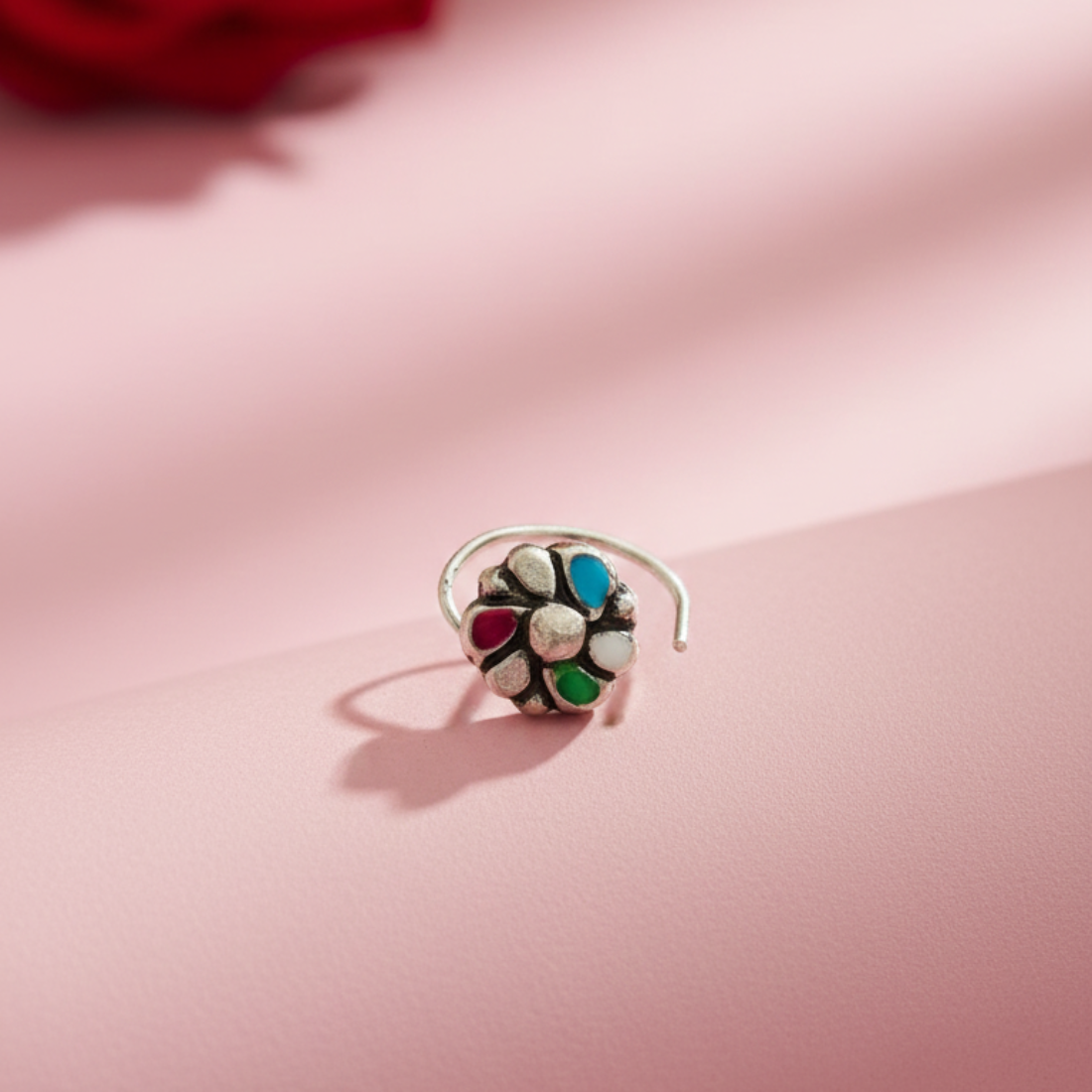 Handcrafted Oxidized Silver Nose Pin with Multi-Color Stones - Balaji Jewellers