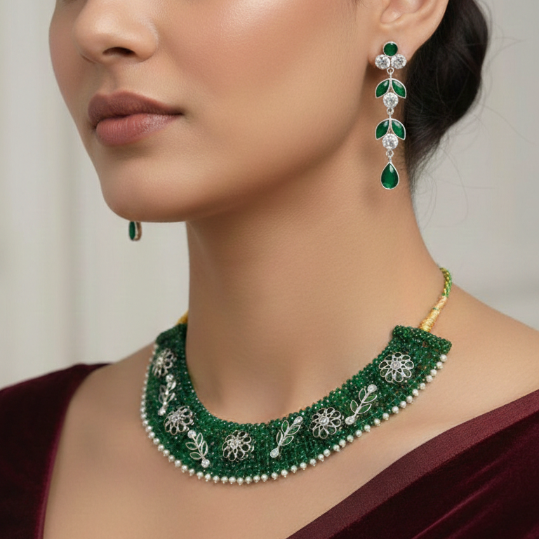 Emerald Beaded Choker with Pearl Border