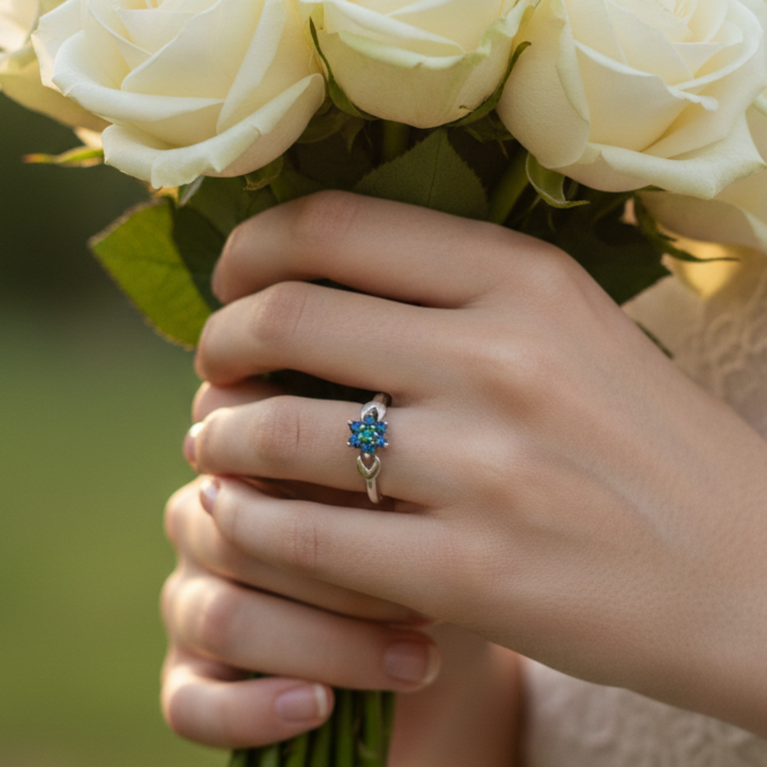 Elegant Silver Ring with Sapphire and Emerald Cluster