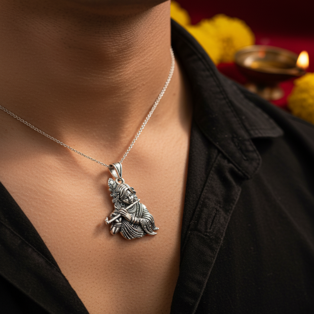 Antique Finish Oxidized Silver Lord Krishna Playing Flute Pendant