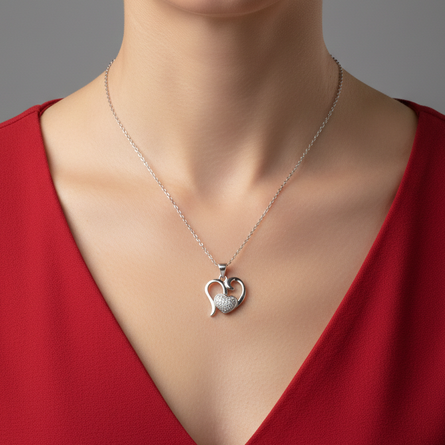 Sterling Silver Diamond-Encrusted Dual Heart Chain Pendant