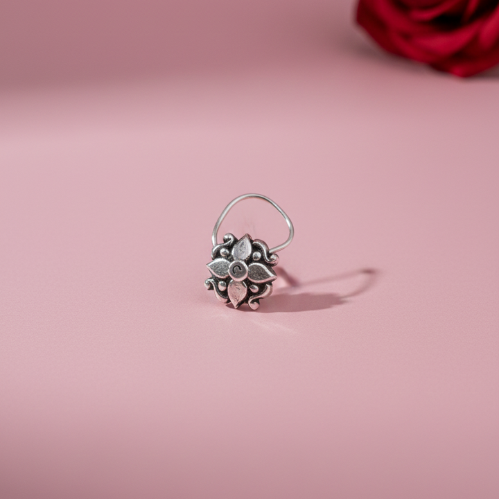 Elegant Oxidized Silver Floral Motif Nose Pin