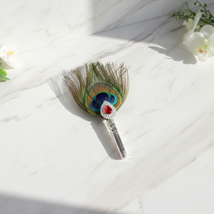 Silver Peacock Feather Kalangi with Ruby Red Stone - Balaji Jewellers