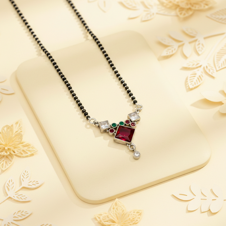Elegant Ruby and Emerald Geometric Silver Mangalsutra