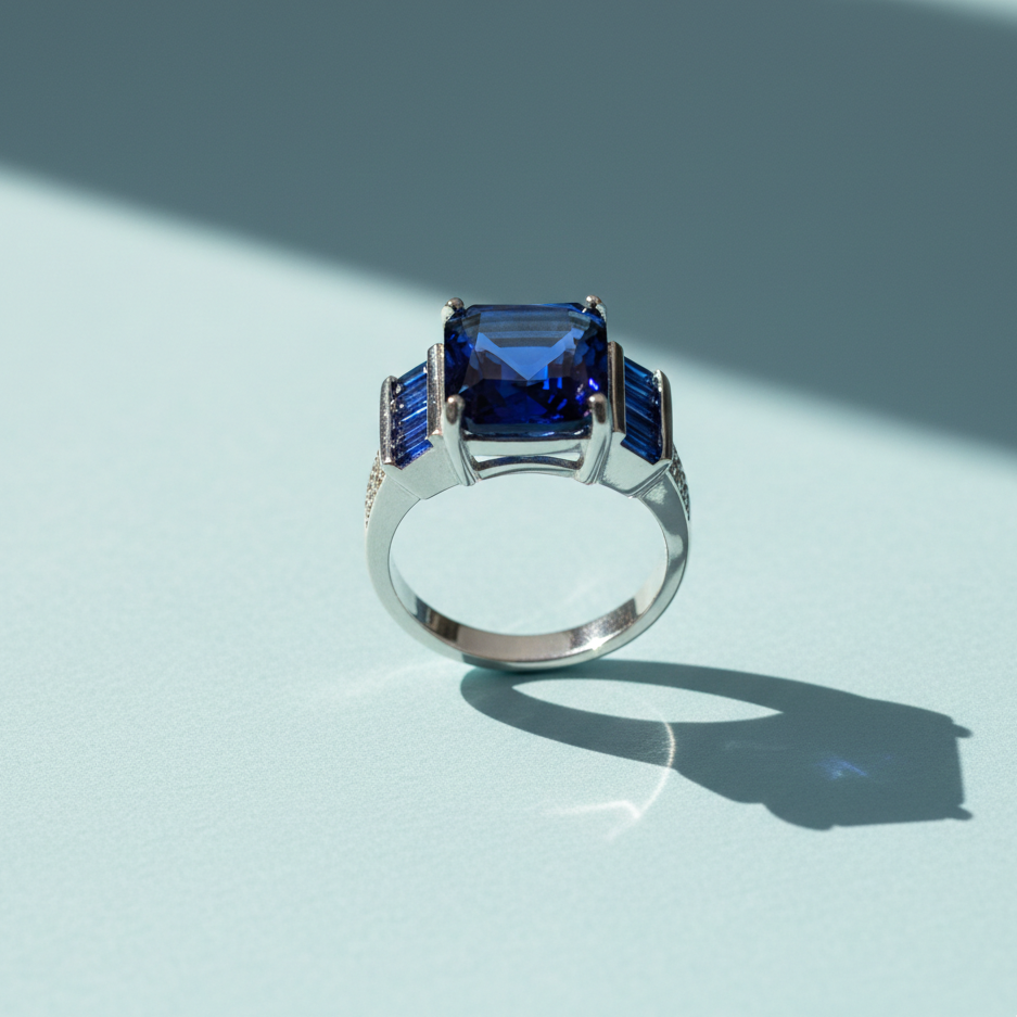 Royal Blue Radiant Cut Sapphire Silver Statement Ring