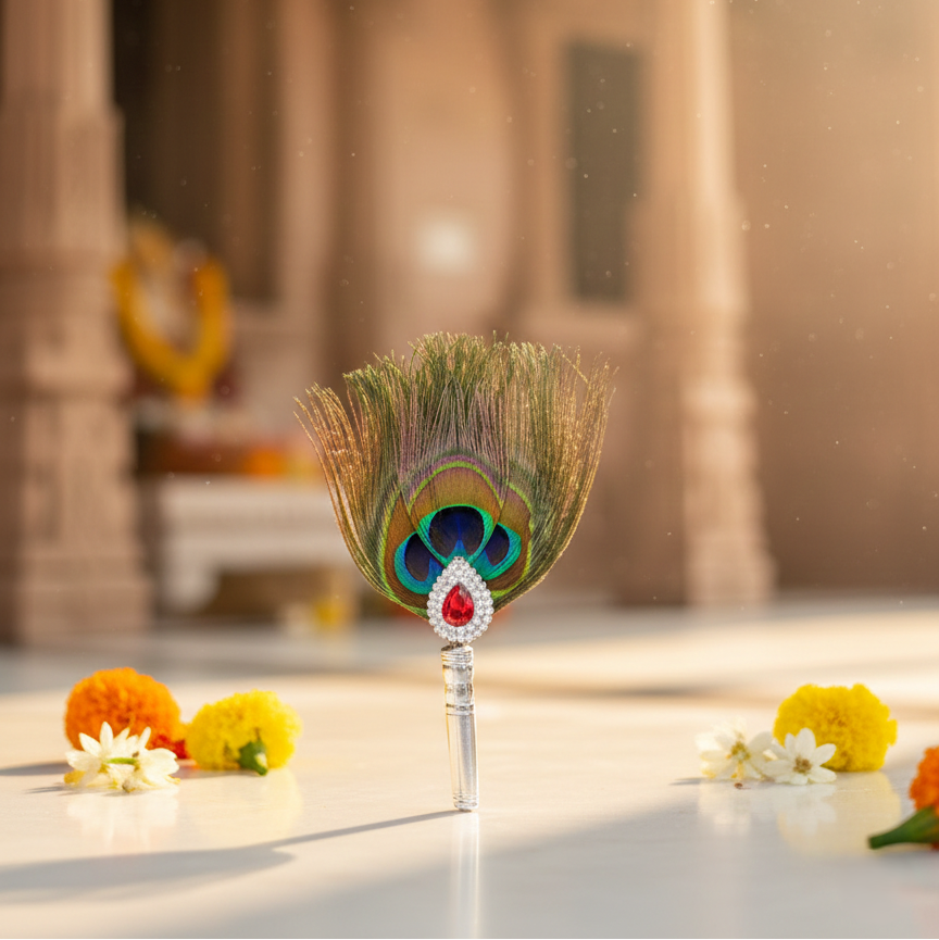 Silver Peacock Feather Kalangi with Ruby Red Stone - Balaji Jewellers