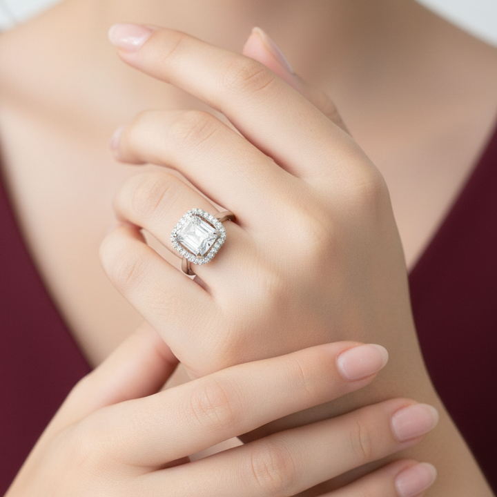 Elegant Emerald-Cut Moissanite Halo Ring in Sterling Silver