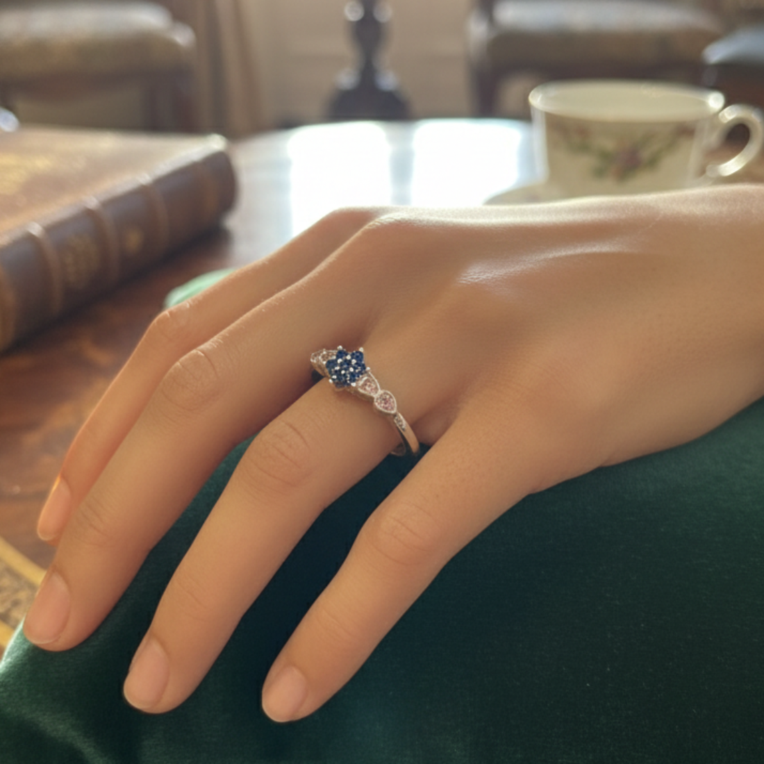 Silver Flower Ring with Blue and Pink Gemstones