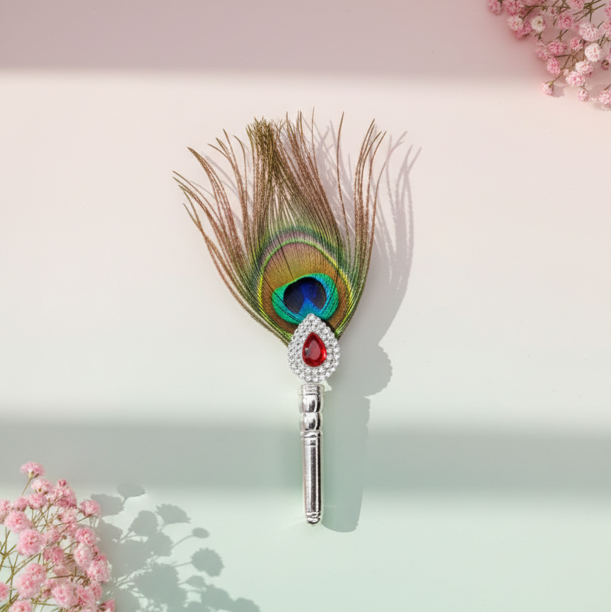 Peacock Feather Silver Flag with Ruby Accent for Devotion - Balaji Jewellers