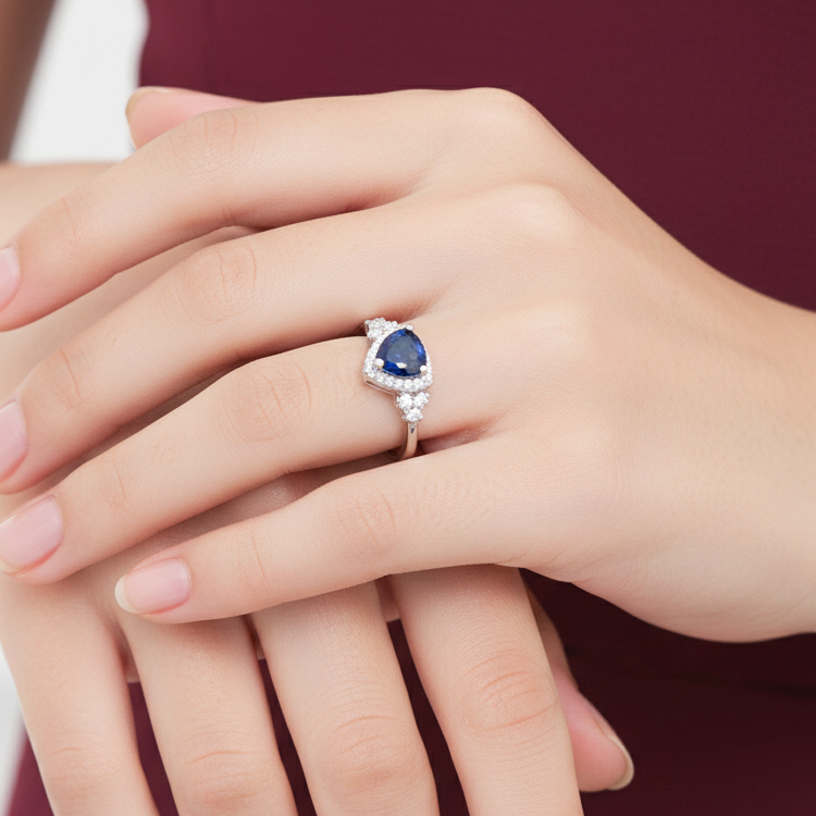 Elegant Silver Heart-Cut Sapphire Blue Stone Ring