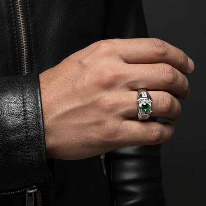 Elegant Round Cut Emerald & Diamond Silver Men's Statement Ring