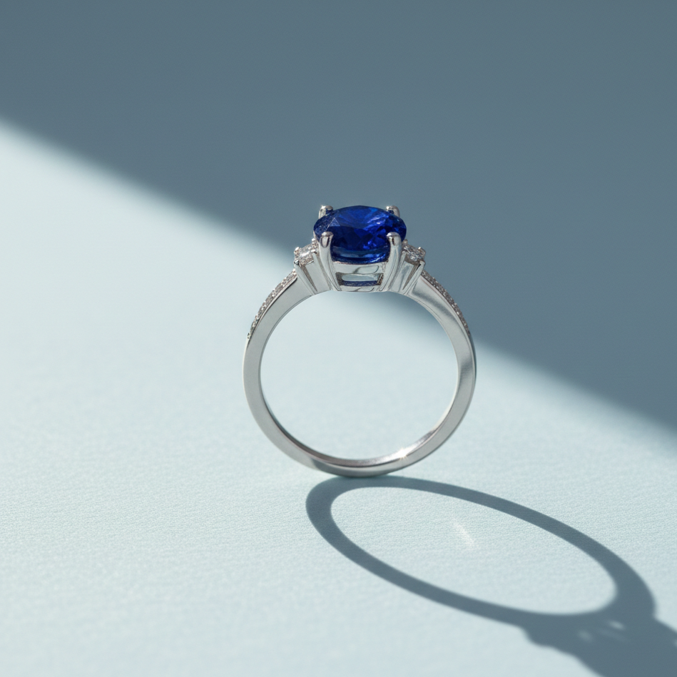 Silver Oval Blue Sapphire Ring with Sparkling Zirconia Accents
