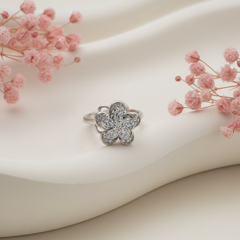 Eternal Bloom Six-Petal Rotating Flower Ring in Sterling Silver