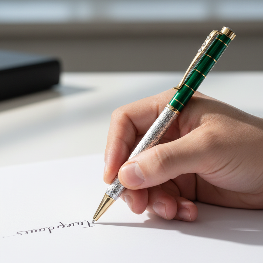 Exquisite Green & Textured Silver Dual-Tone Luxury Pen