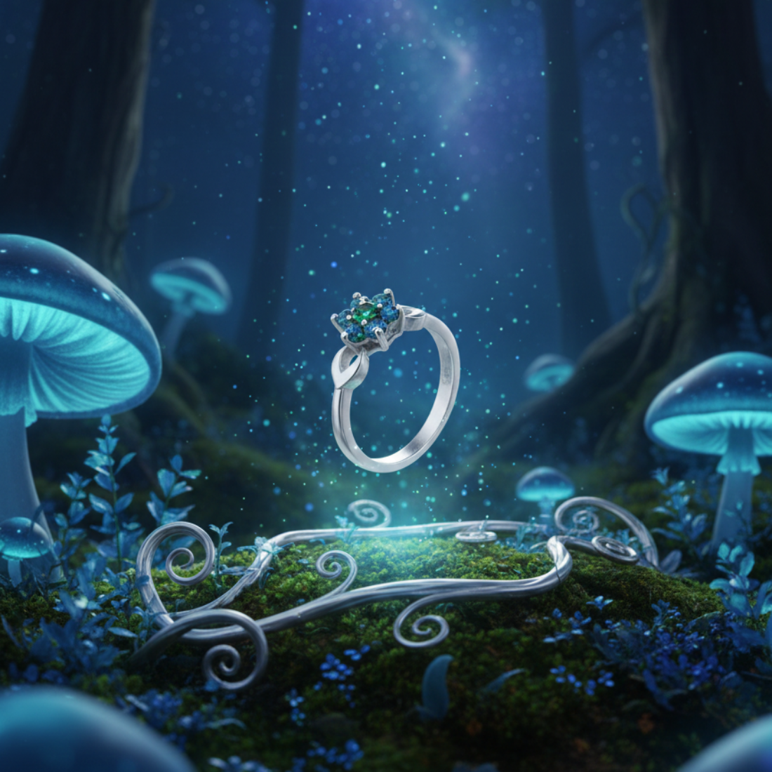 Elegant Silver Ring with Sapphire and Emerald Cluster