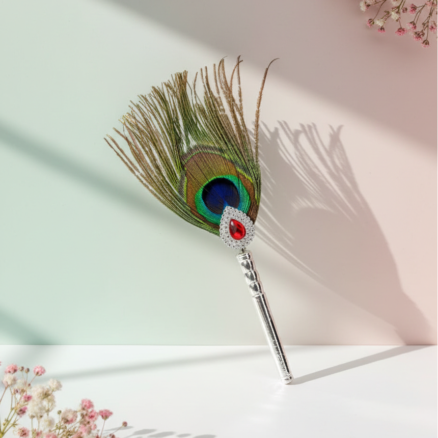 Peacock Feather Silver Flag with Ruby Accent for Devotion - Balaji Jewellers