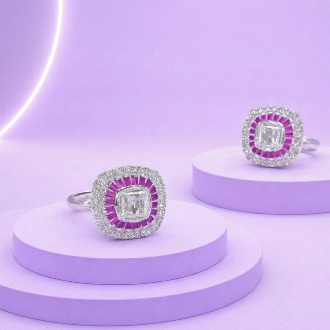 Silver Square Halo Pink Stone Toe Ring Pair