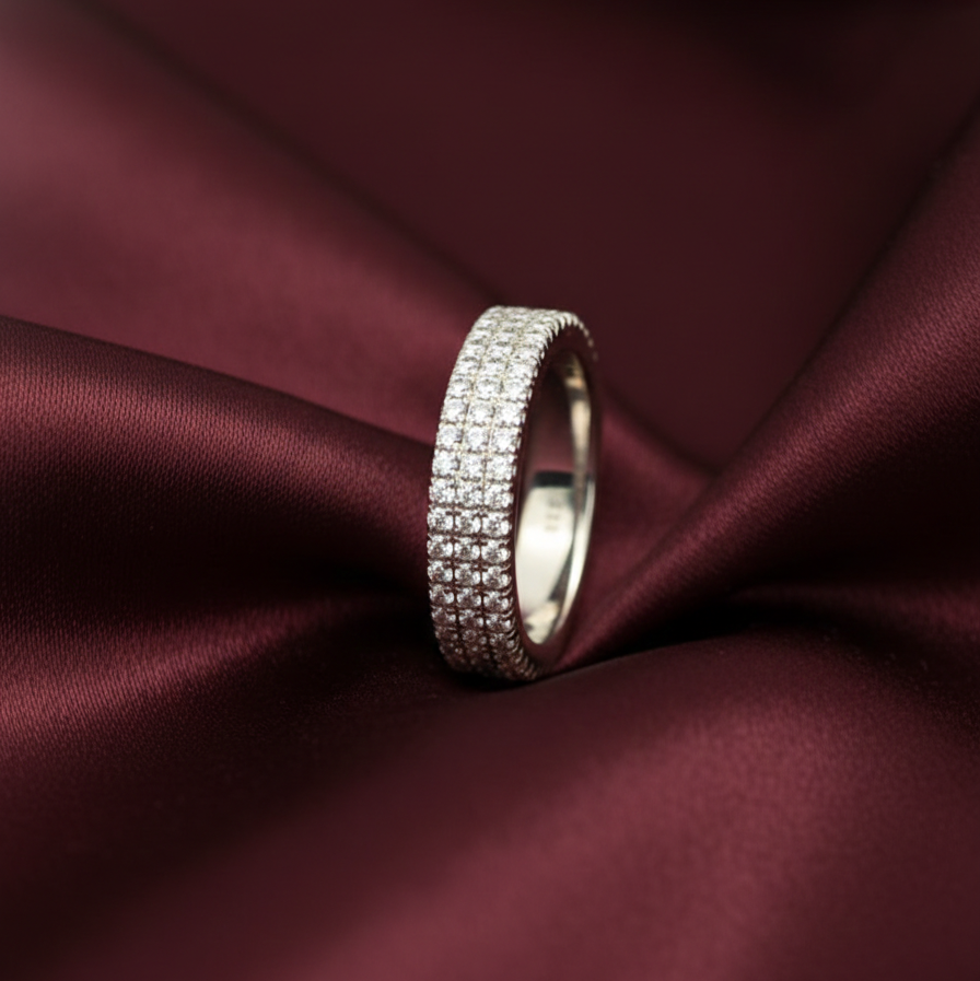 Dazzling Triple-Row Diamond Eternity Silver Band