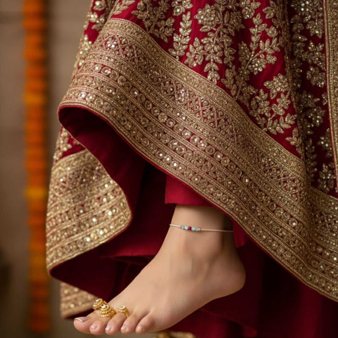 Delicate Beaded Cord Anklet with Magenta and Aquamarine Stones.