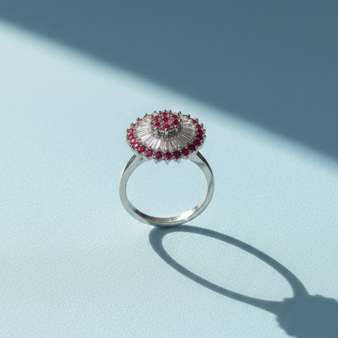 Elegant Radiant Floral Silver Ring with Ruby Accents