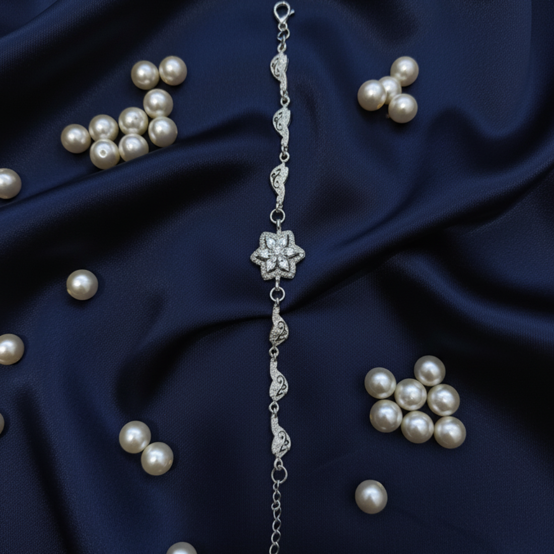 Sparkling Silver Bracelet with Floral Cluster and Filigree Links