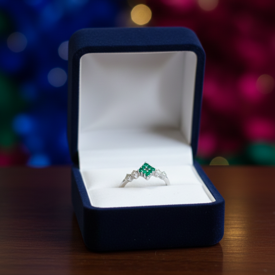 Modern Silver Ring with Square Emerald Cluster and Diamond Accents