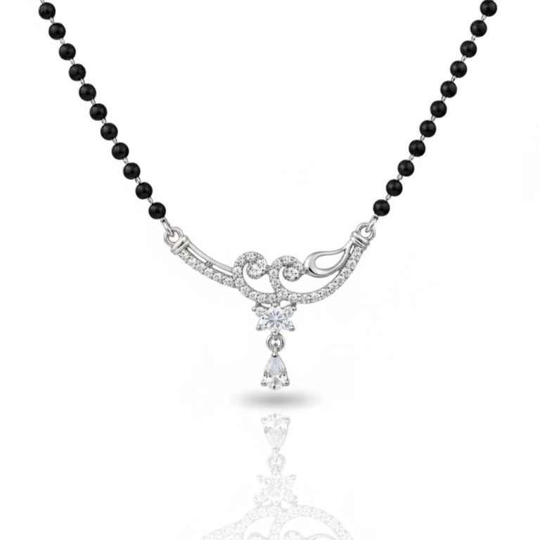 Elegant Diamond-Studded Silver Mangalsutra with Teardrop Pendant